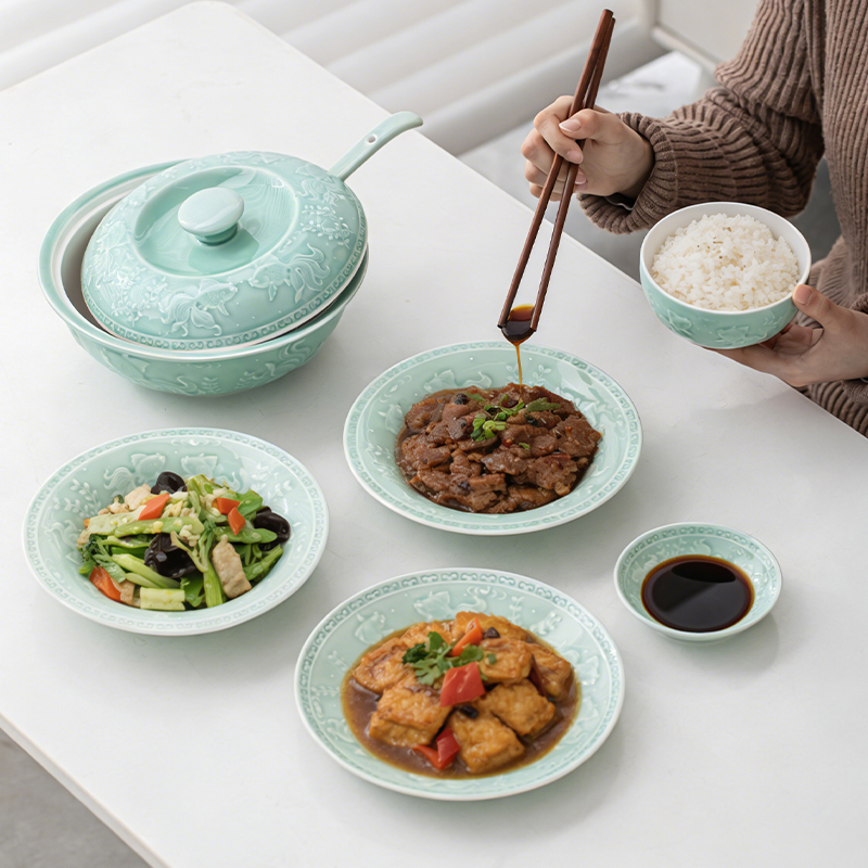 苏氏陶瓷 SUSHI CERAMICS 青瓷套装餐具年年有余25头陶瓷盘碗礼盒装节日礼物高清大图