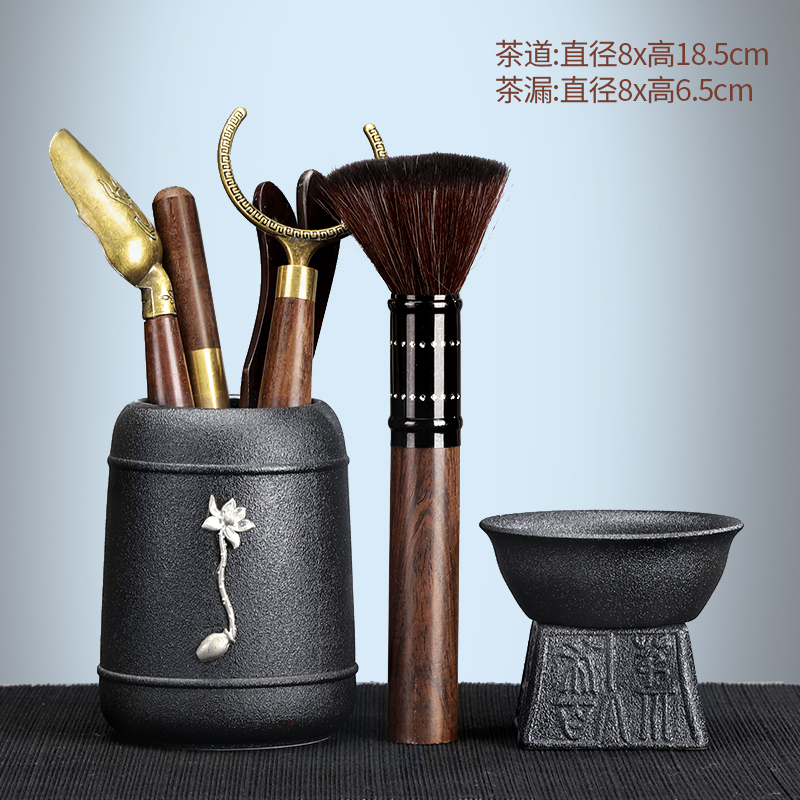 茶道六君子家用陶瓷锡茶筒实木黑檀养壶笔铜制茶匙茶夹组合Z_823