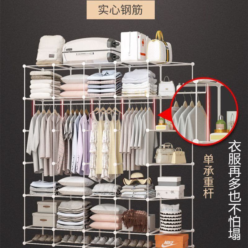 简易大衣柜子简约现代经济型实木卧室组装塑料布挂小衣橱儿童宿舍 122挂带角柜图片