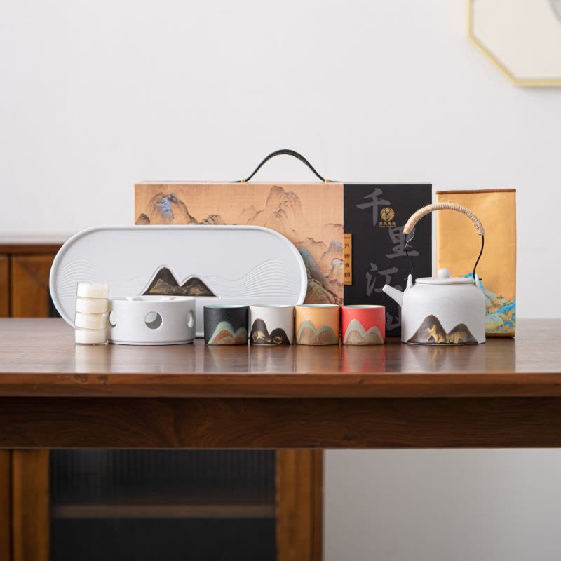 苏氏陶瓷(SUSHI CERAMICS)手绘釉画彩千里江山四色杯温茶套装干泡盘雅白文创伴手礼套组图片