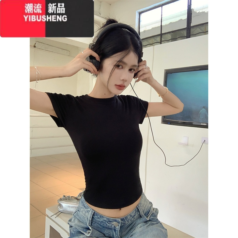 YIBUSHENG巧克少女~纯色基础款休闲短袖T恤女季灰色紧身百搭短款正肩上衣