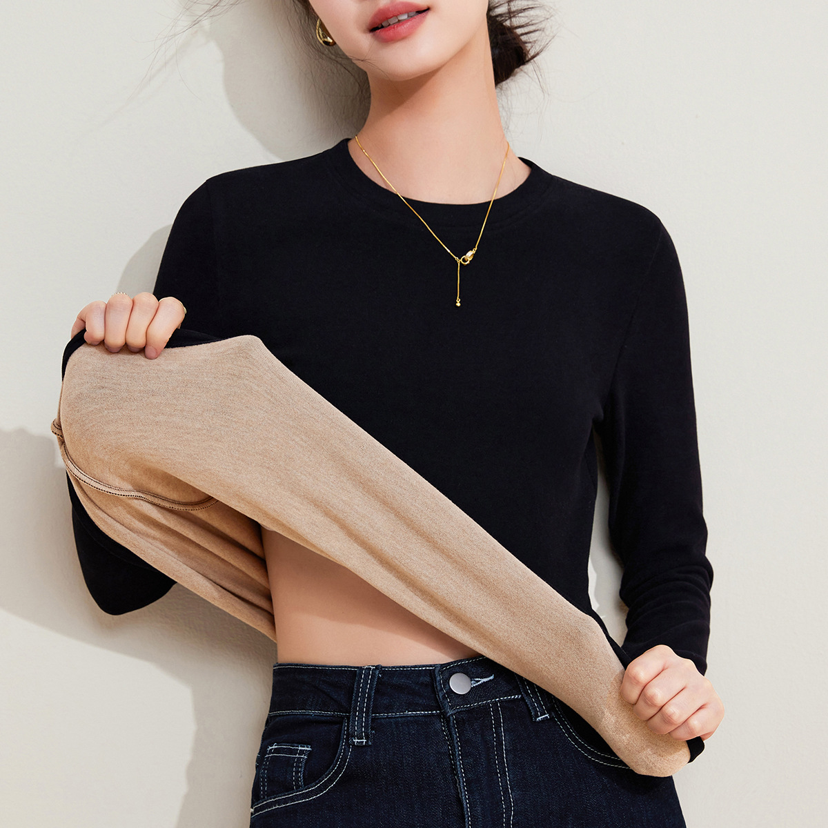 羊毛蚕丝圆领打底衫女秋冬加绒加厚发热绒修身显瘦T恤保暖上衣女高清大图