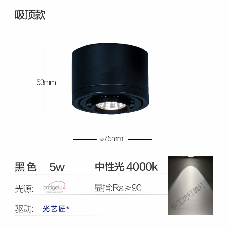 苏宁放心购天花吸顶LED明装射灯家用小COB轨道射灯店铺商用明装筒灯客厅 5w黑色中性光