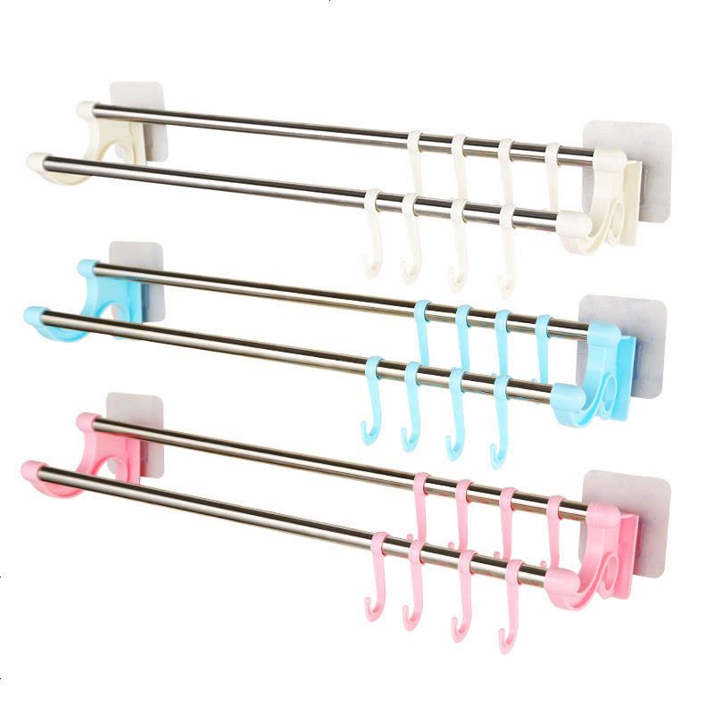 浴室毛巾架粘贴免打孔厨房单杆抹布挂架卫生间加厚毛巾杆置物架子 免打孔双杆加固带钩(凤仙粉) 三只装55图片