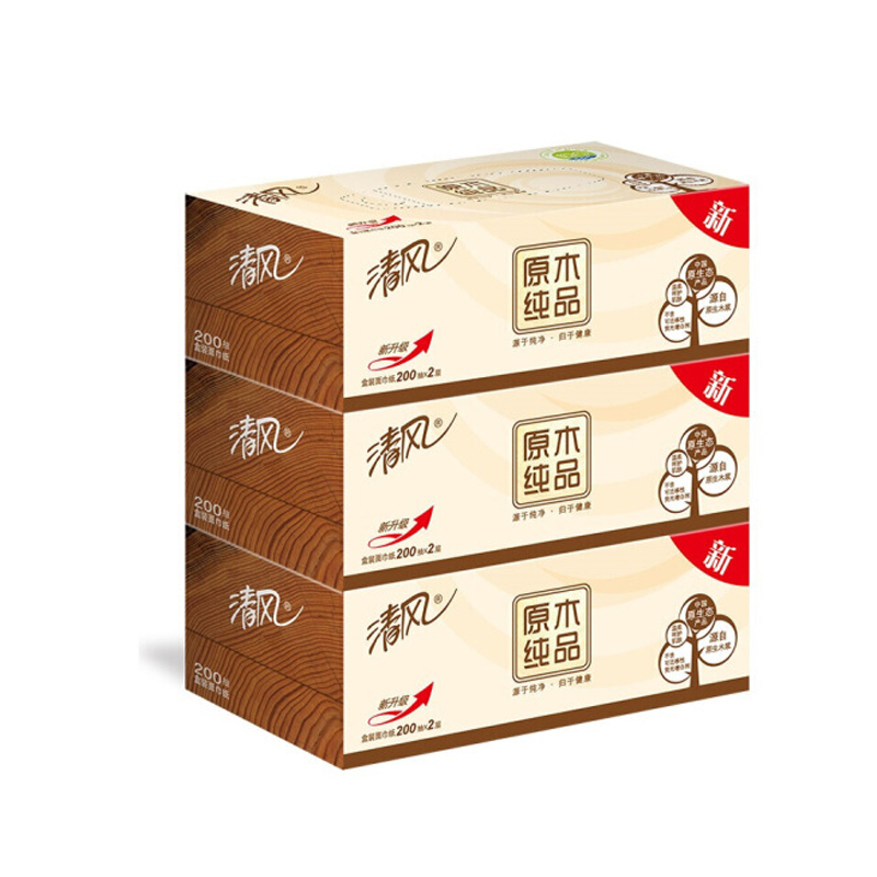清风双层原木纯品盒装抽取式面巾纸(200抽/206mm*195mm)B338CN/B338C3(36盒/箱)