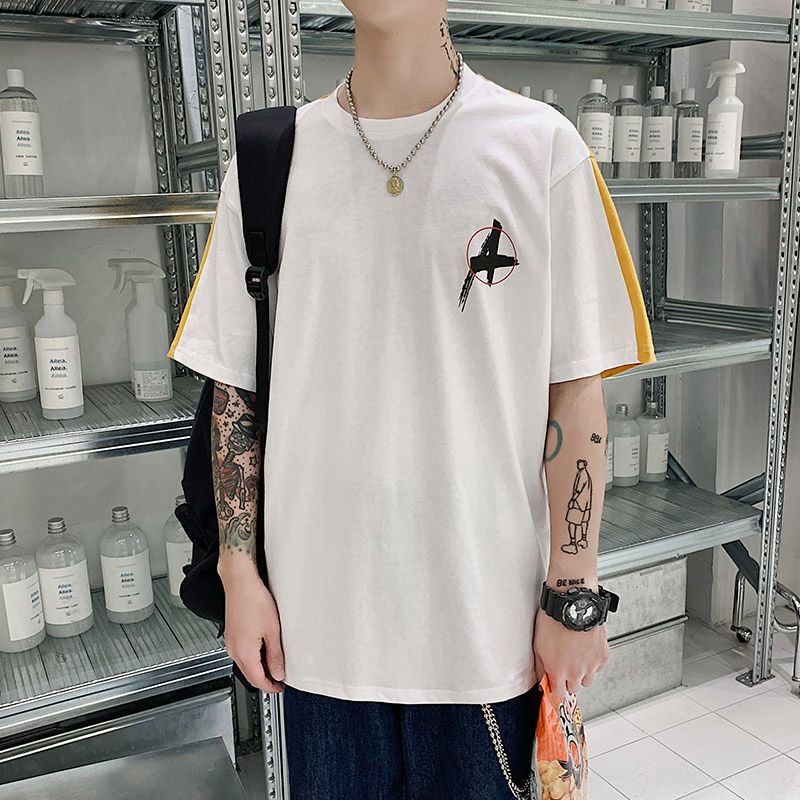 短袖t恤圆领拼色棉男衣服潮流帅气青少年学生t恤男装休闲宽松半袖体恤