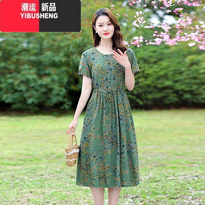 YIBUSHENG微胖妈妈装棉绸连衣裙宽松大码中老年女装人造棉短袖裙子有口袋图片