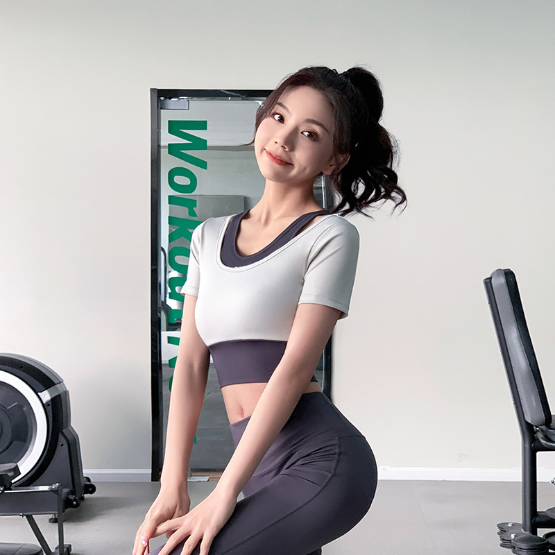 瑜伽服女夏假两件带胸垫紧身显瘦短袖t恤跑步时尚健身服运动上衣视频