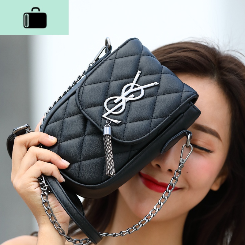 手机袋韩版新款菱格可爱链条女包迷你小包包手机包零钱包斜跨女包NEW LAKE 黑色3手机包大y+送卡包