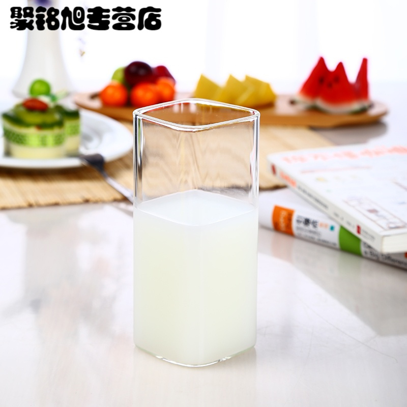 创意方形玻璃杯2只水杯套装家用茶杯透明耐热杯子牛奶杯果汁杯
