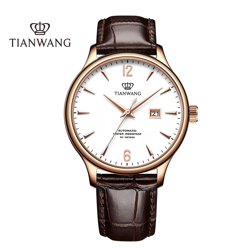 【支持后盖定制刻字服务】天王表(TIANWANG)手表 正品手表男士自动机械表时尚休闲皮带腕表防水简约男表GS5844 白盘玫瑰金圈男表