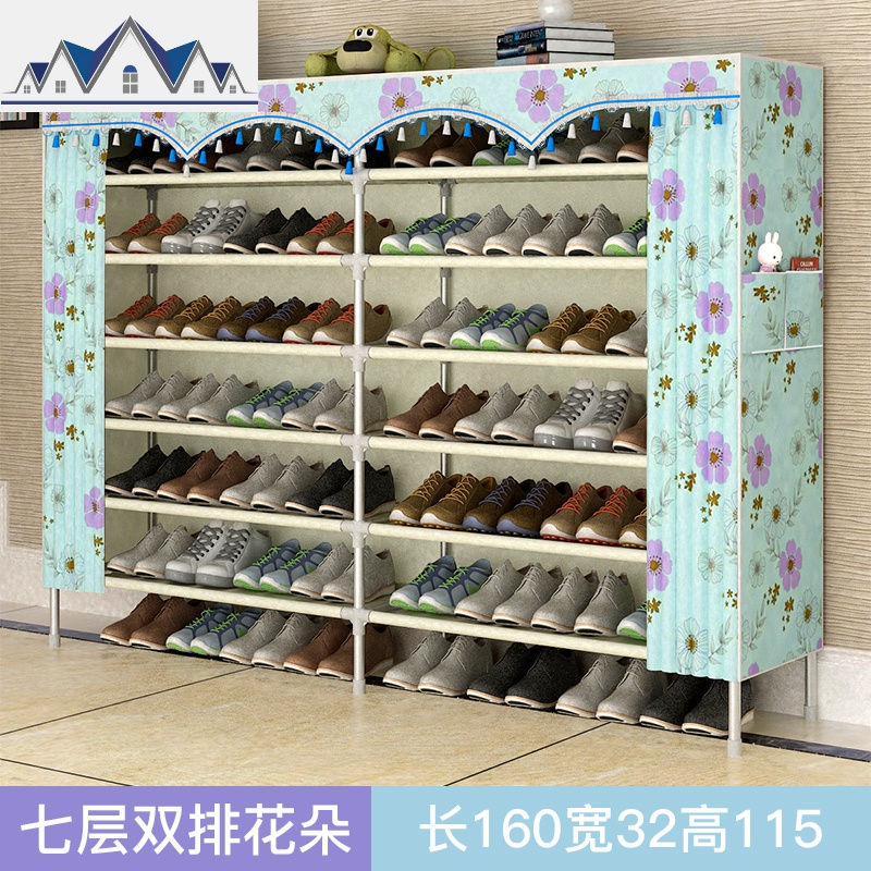 简易鞋柜家用多层收纳大容量经济型布艺宿舍口简约多层防尘鞋架_1_651 花色双排A款7魅蓝花开收纳鞋柜
