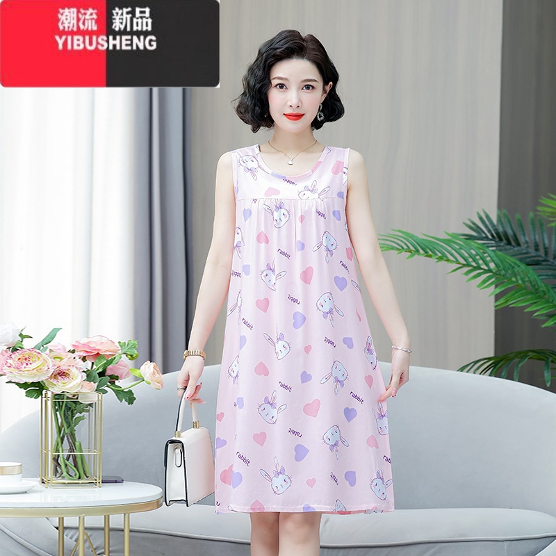 YIBUSHENG装新款无袖睡裙中年妈妈装季睡衣过膝裙子女透气棉绸舒适睡裙高清大图