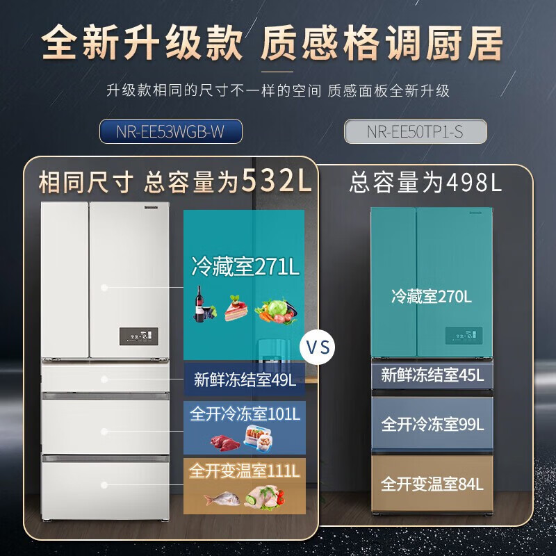 松下 NR-EE53WGB-W 暖光白 多门冰箱银离子除菌 风冷无霜变频宽幅变温室532L磨砂面板-3微动保鲜高清大图