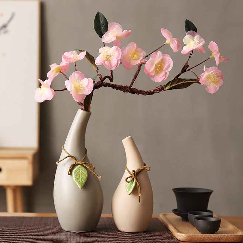 日式禅意家居手工仿真樱花梅花插装饰摆件花瓶组合套装 三维工匠 组合(灰色+白色)+粉色花高清大图