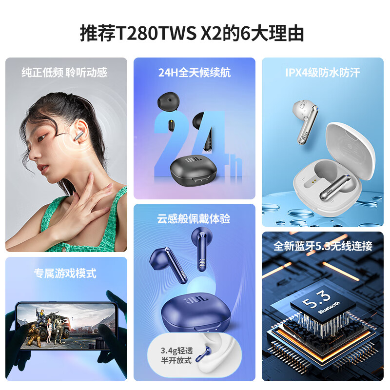 JBL T280TWS X2 真无线蓝牙耳机 半入耳音乐耳机 通话降噪运动防汗 苹果华为小米带麦游戏耳机 星空黑高清大图