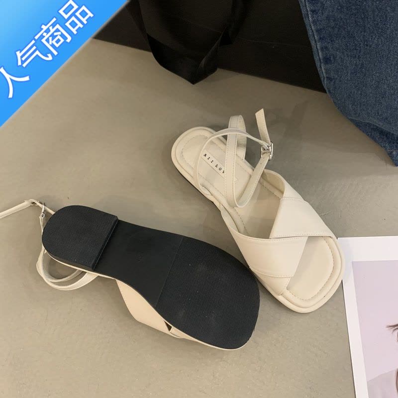 SUNTEK露趾凉鞋女夏平底2022年韩版学生温柔仙女风一字扣带蝴蝶结罗马鞋图片