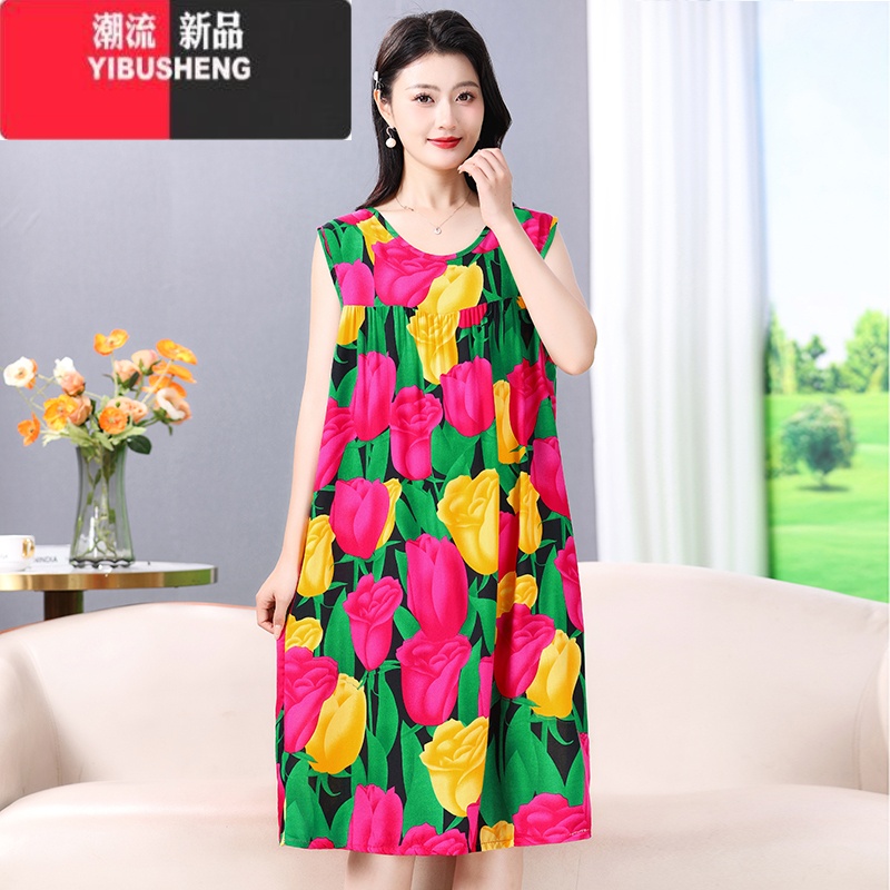 YIBUSHENG纯绵绸无袖吊带睡裙女季薄款加大码宽松背心裙人造棉中长款睡衣 3号 2XL可穿90-120斤