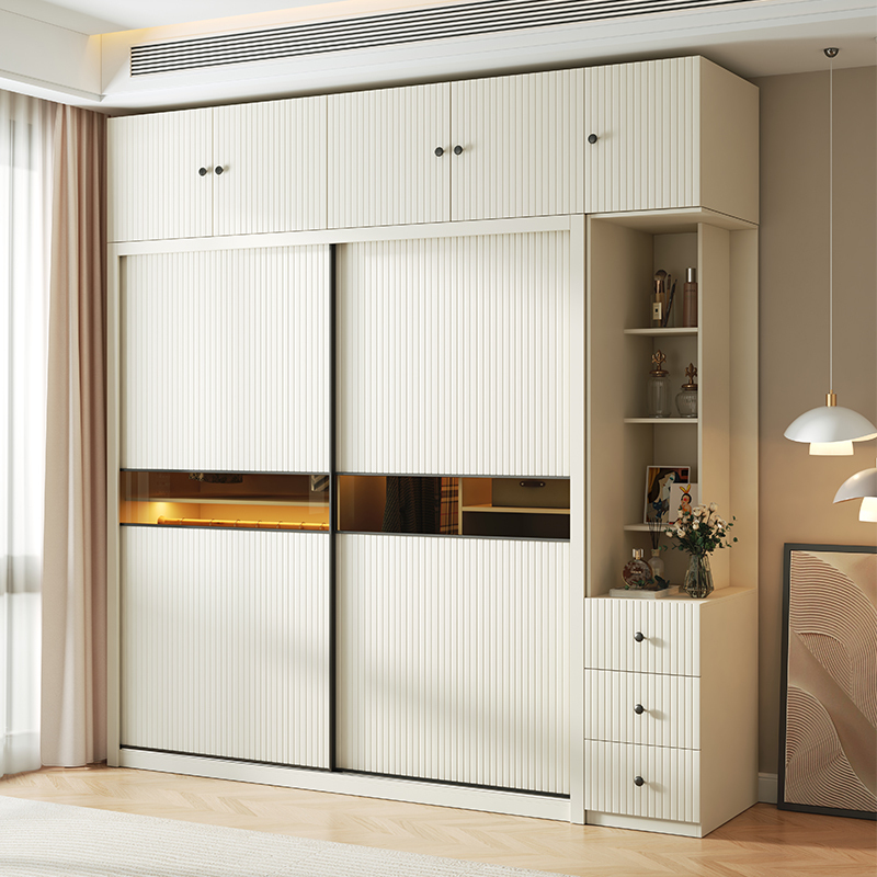 奶油白推拉门衣柜卧室家用北欧柜子实木颗粒板移门滑门衣橱小户型