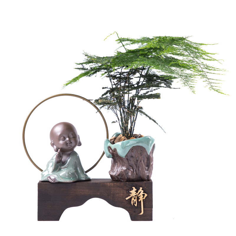 新中式禅意家居绿植装饰品小摆件客厅玄关办公室桌面陶瓷盆栽摆设 三维工匠 悟心(送30颗香+绿植+鹅卵石)高清大图
