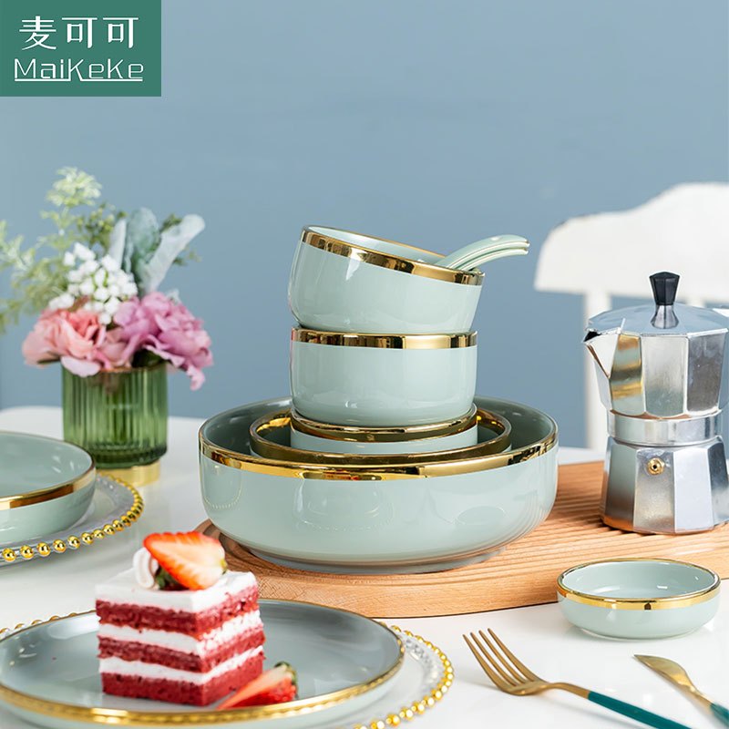 麦可可 北欧陶瓷碗家用碗碟套装创意轻奢碗盘碗筷盘子组合金边菜盘汤碗