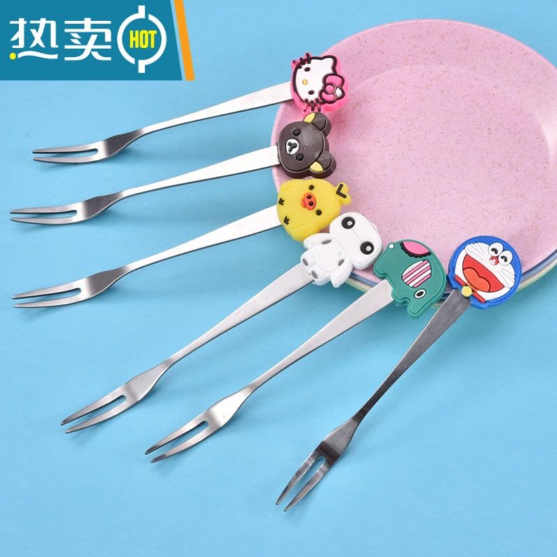 敬平宝宝水果叉子小不锈钢安全创意可爱卡通家用儿童水果叉水果签果插 D款卡通水果叉6个+4个水果盘(送收纳盒)图片