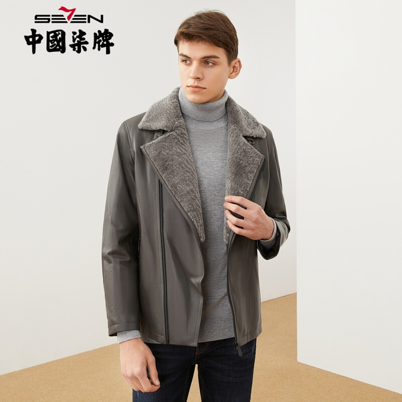 q#[机车皮衣]柒牌真皮皮衣男休闲时尚毛领修身厚款皮夹克男装外套211