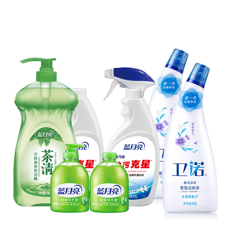 蓝月亮家清礼包(茶清1kg+油污克星500g*2+卫诺500g*2+洗手液500g瓶+500g瓶补)