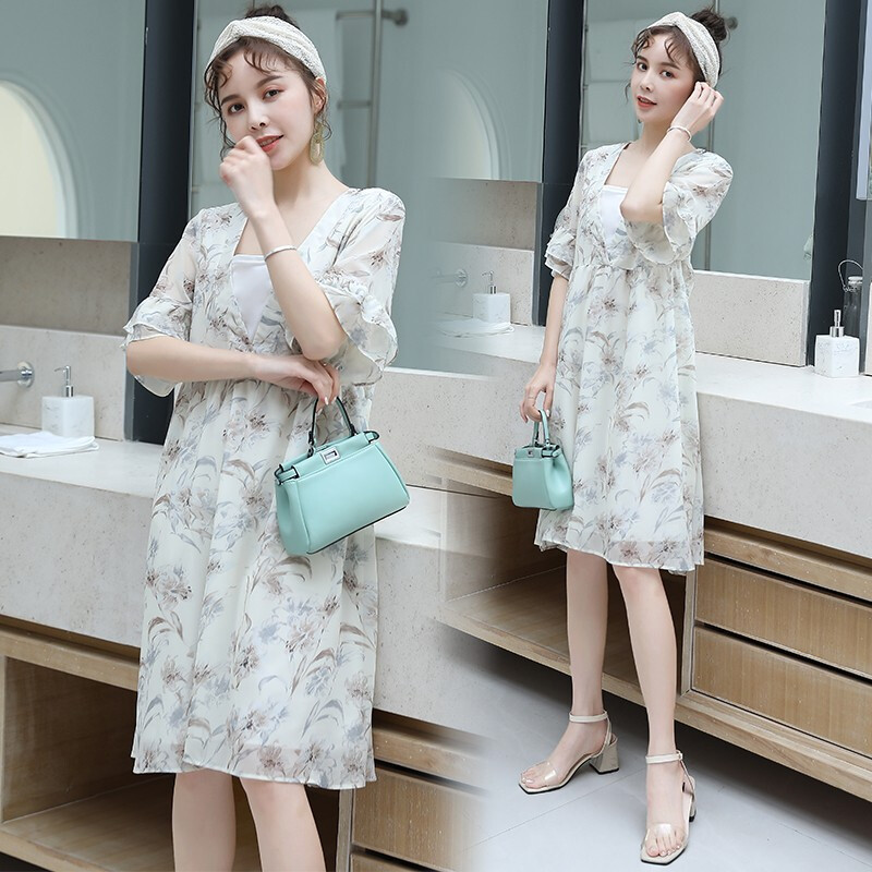 迪鲁奥(DILUAO)孕妇装夏装外出2021新款V领雪纺孕妇连衣裙中长款时尚潮妈孕妇裙子夏季宽松透气 白色裙