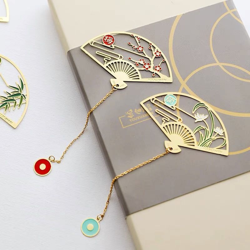 折扇古风 书签古典中国风梅兰竹菊金属书签创意文艺礼品套装