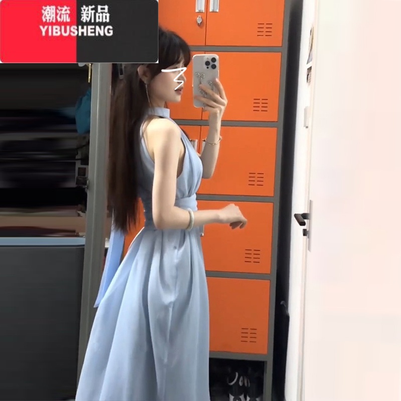 YIBUSHENG法式蓝色挂脖吊带连衣裙子女2024年季新款海边度假收腰海新度沙高清大图