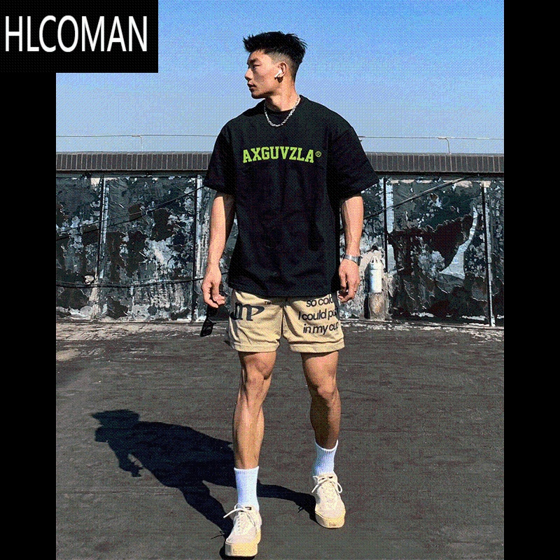 HLCOMAN2024夏季新款复古高街潮牌黑色短袖t恤男美式宽松上衣服