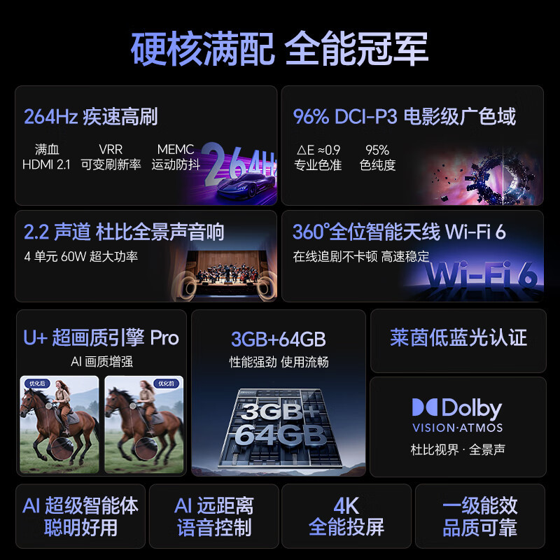 海信电视 75E3NH Pro 75英寸 264Hz高刷 高色域 2.2重低音 智能Wi-Fi6智能液晶平板电视高清大图