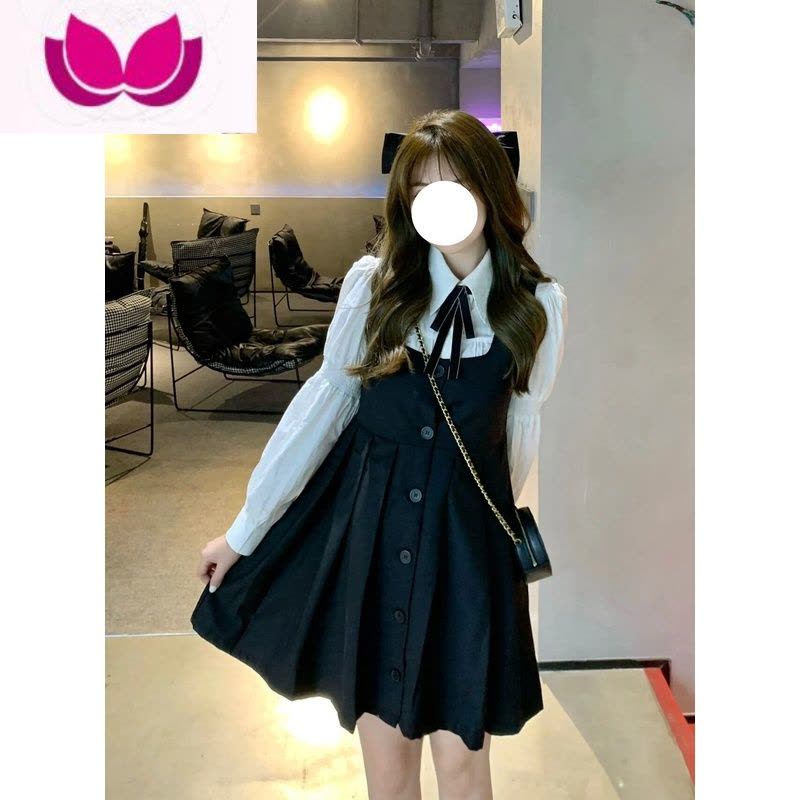 七斓学院风jk制服套装裙女黑色背带百褶裙奶系150小个子连衣裙图片