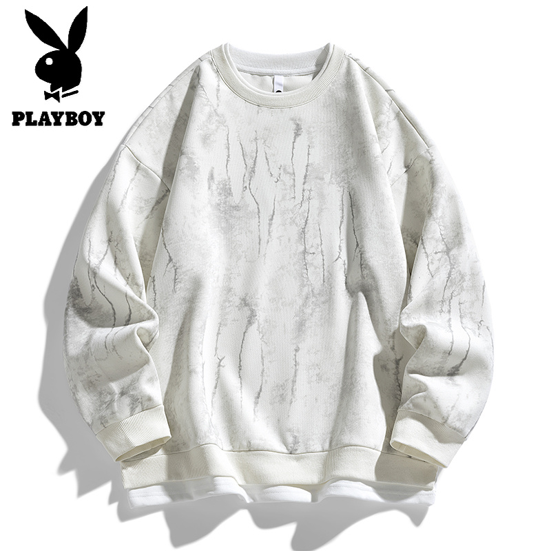 花花公子新款高品质加绒重磅圆领卫衣男2025秋冬新款假两件拼接扎染宽松休闲上衣高清大图