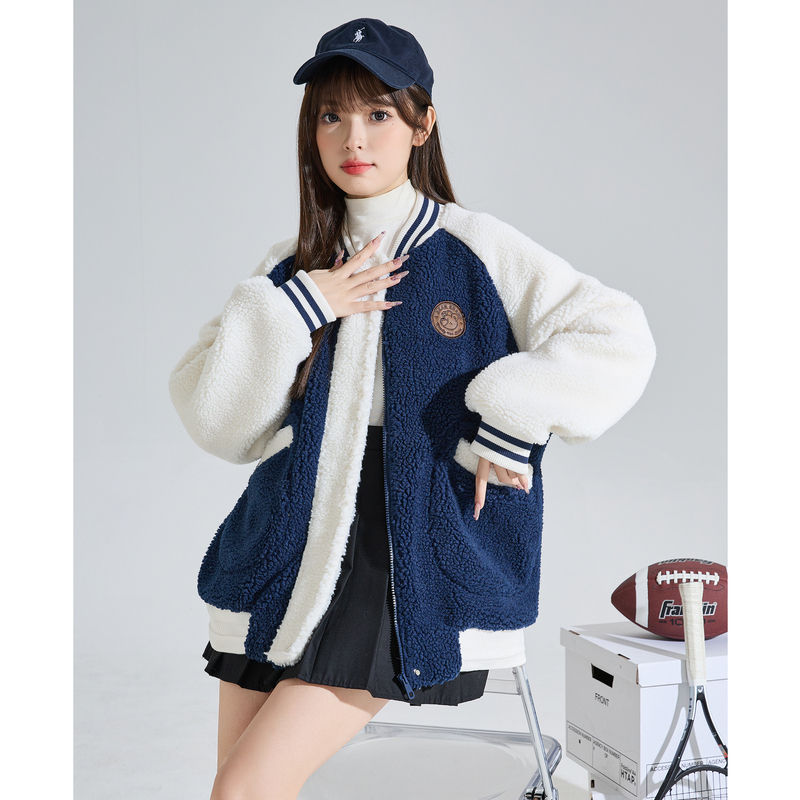 [2.5折价167元]唐狮颗粒绒外套女冬季新款加绒加厚美式复古风棒球服K