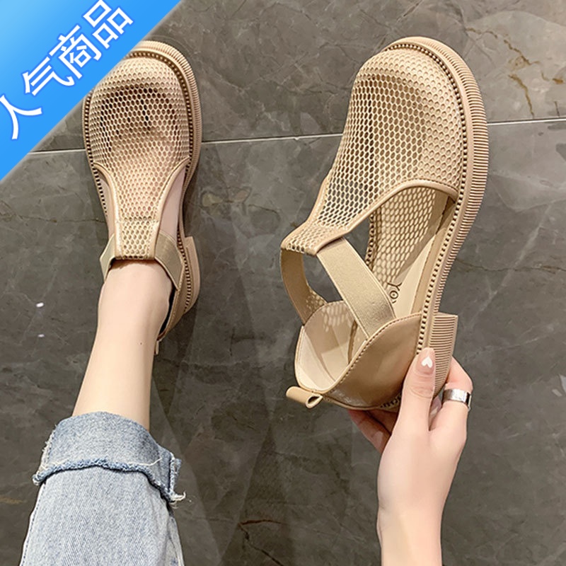 SUNTEK小众凉鞋女2023年夏季新款百搭网红时尚透气粗跟包头松紧百夏NK高清大图