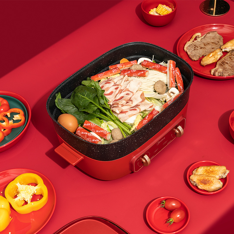 美的电火锅DY3525E102R 一锅多能 定时烹饪 麦饭石涂层 家用多功能电煮锅电热锅 4.7L大容量