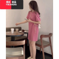 YIBUSHENG季新款小个子欧货女装粉色短袖褶皱连衣裙女百搭中长款圆领TE