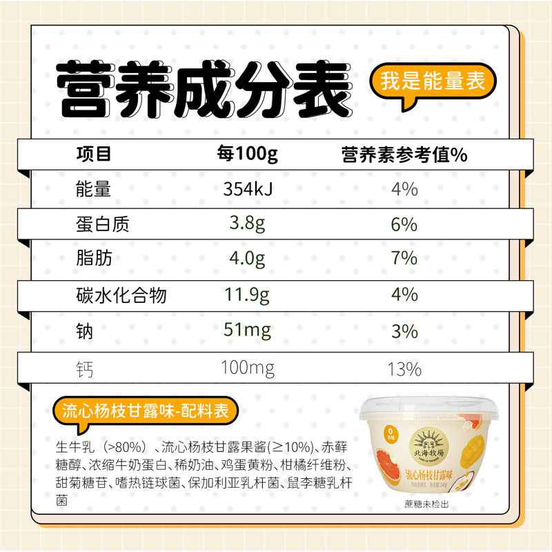 北海牧场宝石碗流心杨枝甘露味酸奶果味140g*12杯0蔗糖风味发酵乳