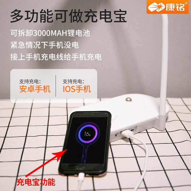 康铭充电LED护眼台灯护眼学生学习宿舍用保护视力写作业书桌灯 充插两用-学生专用台灯带笔筒支架 [标配]台灯+USB充电