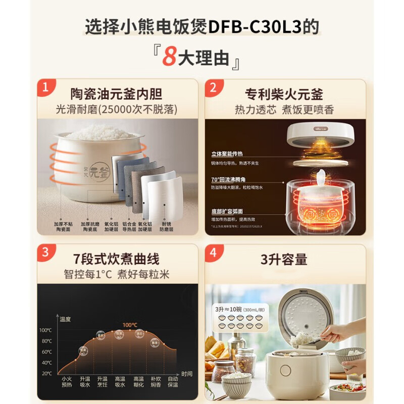 小熊(bear) DFB-C30L3电饭煲 家用2-5人 多功能3L电饭锅 智能防溢预约高清大图