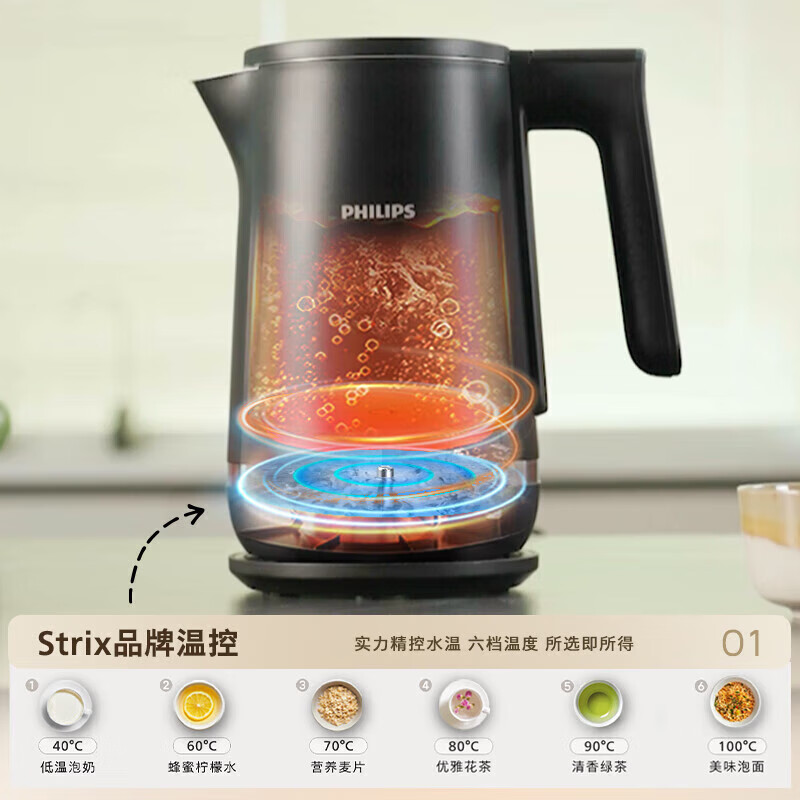 飞利浦(PHILIPS)双层控温电水壶 家用大容量1.7升烧水壶 6档温度 30分钟保温 HD9396/90高清大图
