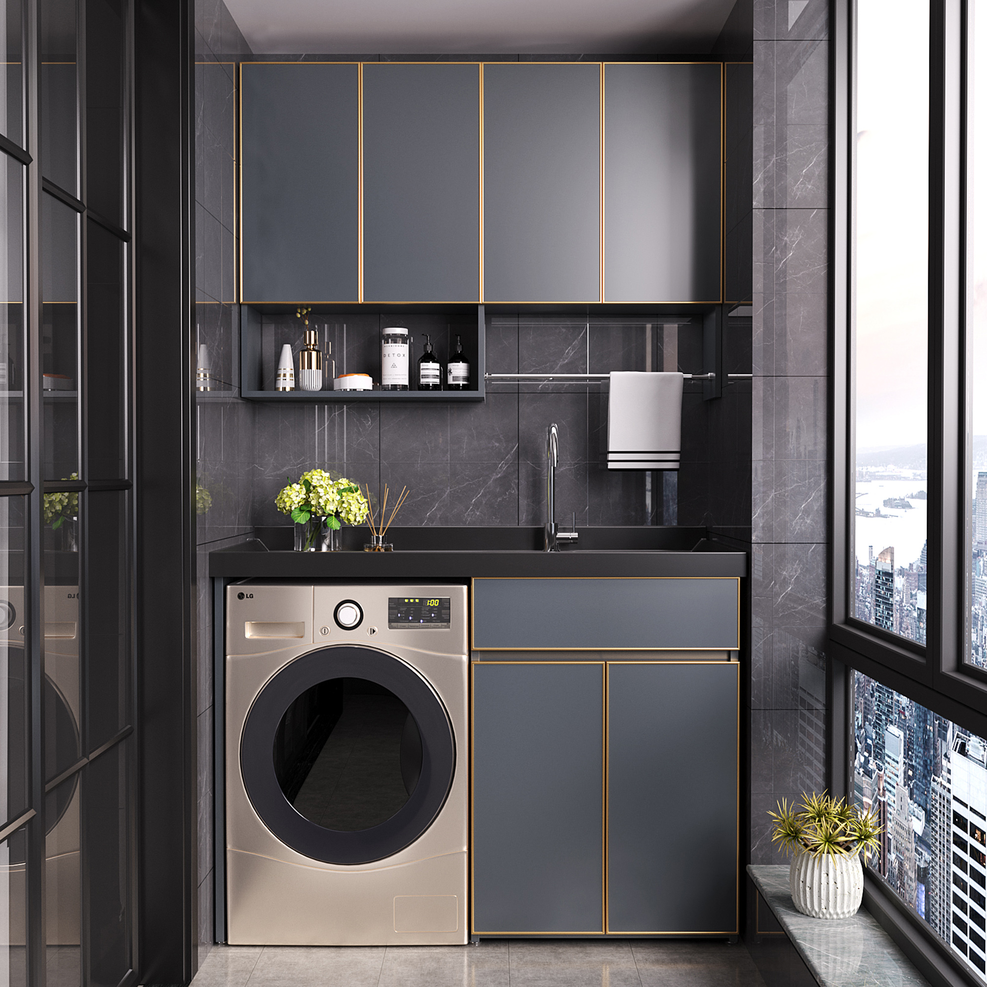 圣蒂维纳 洗衣柜太空铝一体柜阳台洗衣机柜浴室柜带搓板台洗手盆洗衣