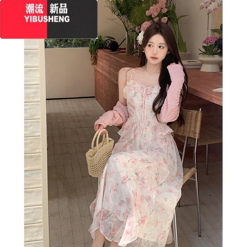 YIBUSHENG大码女装法式温柔风碎花连衣裙季显瘦吊带裙胖MM裙子防晒衫套装高清大图