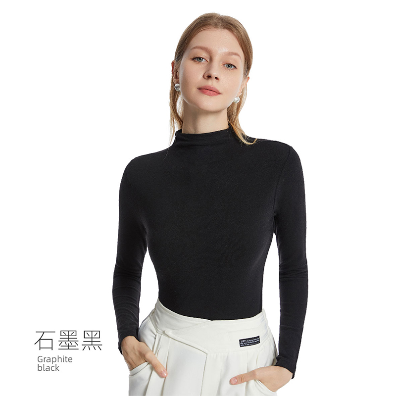 猫人半高领打底衫女士双面磨绒保暖上衣修身秋冬内搭中领打底t恤 XL-XXL【推荐115-140斤】 石墨黑【玻尿酸护肤】