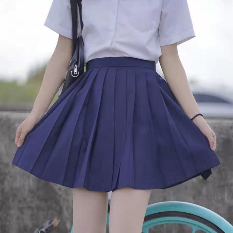 泰国校服百褶裙日系正版jk制服短裙黑色绀色过膝长裙中裙半身裙黑色