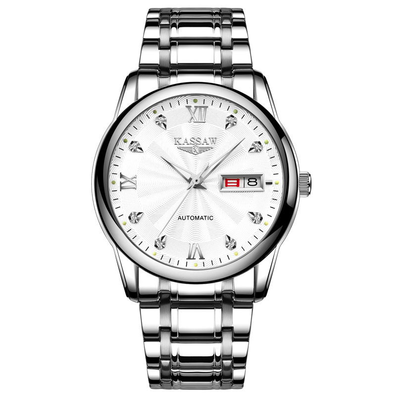 卡梭(KASSAW)手表男全自动机械表防水时尚商务男表精钢夜光双日历男士腕表K830G 白壳白面机械表