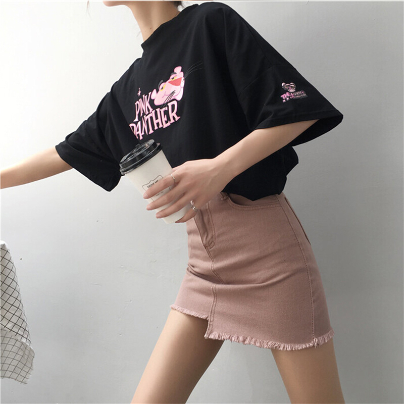 2018夏chic粉色牛仔半身裙子女流苏a字高腰包臀学生短裙女学院风