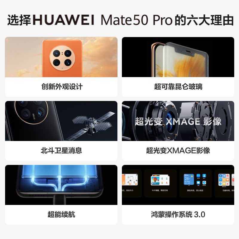 [全国联保]华为Mate50 Pro 8GB+256GB 冰霜银 昆仑玻璃 66W快充 骁龙8+芯 光变XMAGE影像 4G双卡 120Hz曲面屏 北斗卫星消息 全网通4G手机高清大图